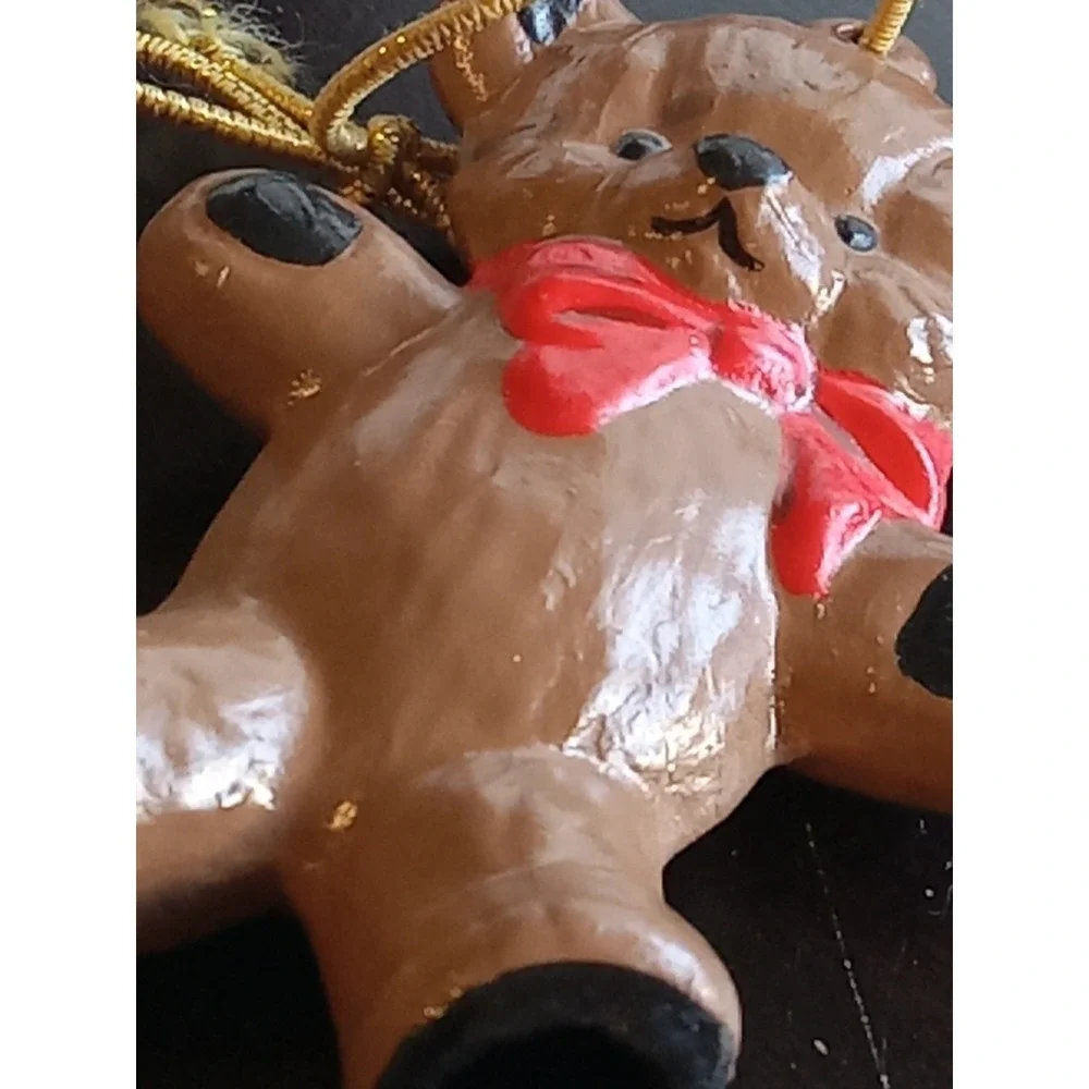 LOT OF 5 VTG Teddy Bear Christmas Ornament Red Bow Ceramic Grandmacore 1980s‎